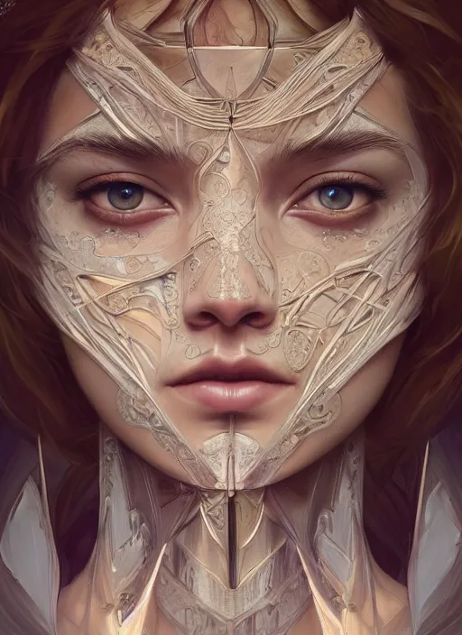 Image similar to symmetry!! barbara palvin, machine parts embedded into face, intricate, elegant, highly detailed, digital painting, artstation, concept art, smooth, sharp focus, illustration, art by artgerm and greg rutkowski and alphonse mucha, 8 k