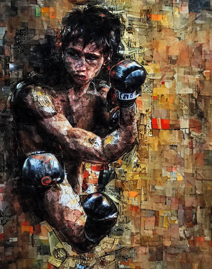 Prompt: brutal young fight club fighter action detailed analogue mixed media collage with canvas texture in style of contemporary art, punk art, hyperrealistic beautiful face, photorealism, expressionism, masterpiece, perfect composition, spectacular quality, intricate oil details, black background