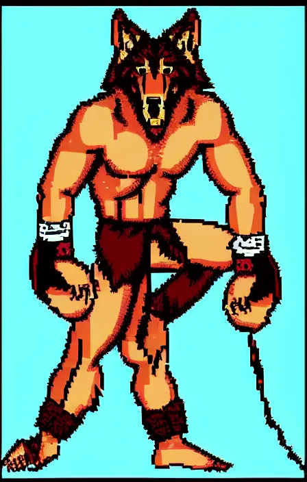 Image similar to extreme long shot. antropomorphic muscular masculine furr wolf. kickboxer, in shorts. wolf head. furr on body. 8 bit nes graphics. nes game, 8 0's