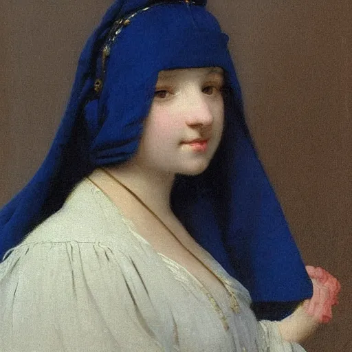 Prompt: a young woman’s face, her hair is white, she wears a cobalt blue cloak, by ivan aivazovsky and pieter claesz and paul delaroche and alma tadema and august malmstrom and and willen claesz heda and aelbert cuyp and gerard ter borch, contrapposto, hyperrealistic, volumetric light, rendered in octane, c4d