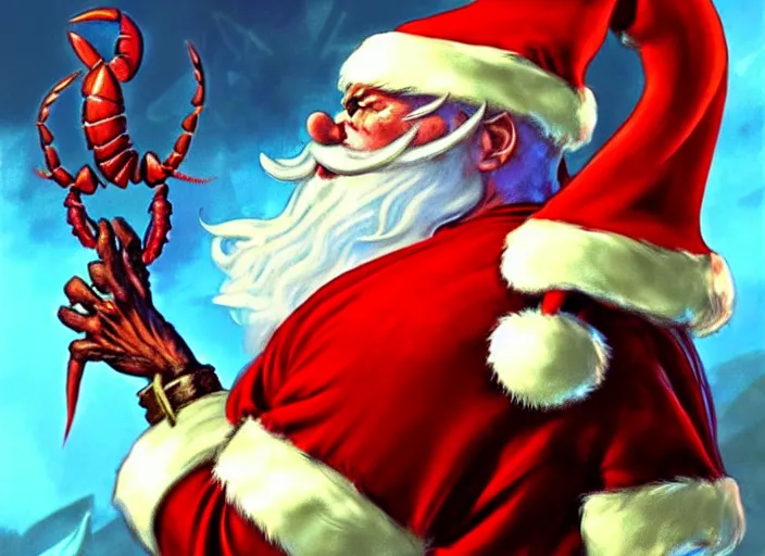 Prompt: magic : the gathering fantasy character concept art of the great anthropomorphic lobster wearing santa outfit by franz frazetta, high resolution. a clear portrait of powerful lobster santa, magical christmas fantasy in background, fantasy coloring, intricate, digital painting, artstation, smooth, sharp focus