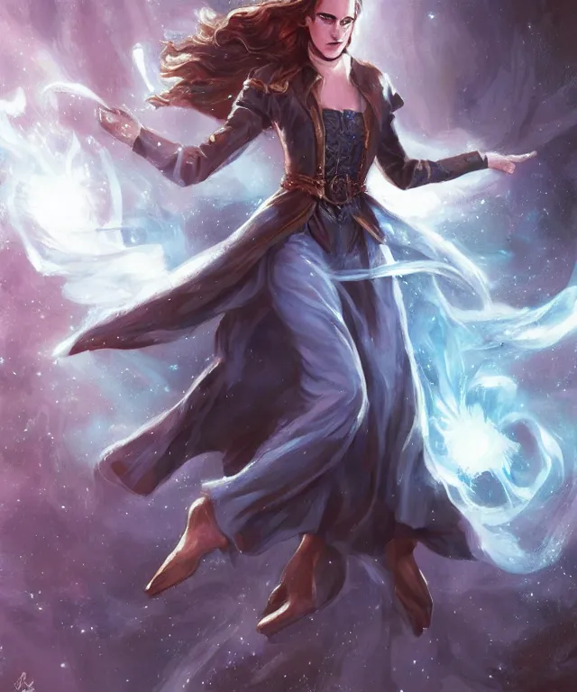 Image similar to illustration of emma watson as a ice magician, glowing eyes, trending on artstation, dynamic pose, Magic the Gathering art, art by Ralph Horsley