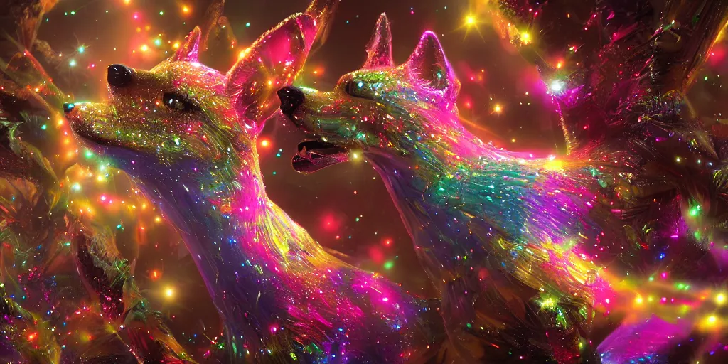 Prompt: sparkle dog, realistic 4 k octane beautifully detailed render, 4 k post - processing, highly detailed, intricate complexity, epic composition, magical atmosphere, cinematic lighting, masterpiece, ultra hd