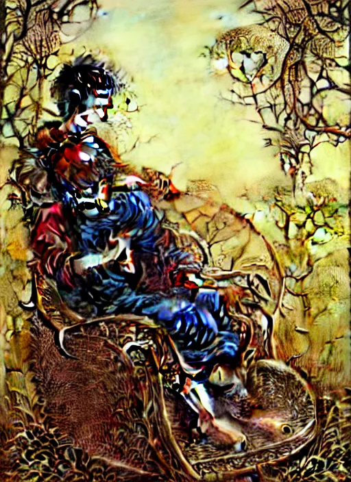 Prompt: realistic extremely detailed image of boy sitting in a wicker rocking chair staring at an old man standing in the corner by Ayami Kojima, Amano, Karol Bak, Greg Hildebrandt, and Mark Brooks, Neo-Gothic, intricate, rich deep colors. Beksinski painting, painting by Arthur Rackham, Eugene de Blaas, Frederic Leighton, 8k masterpiece