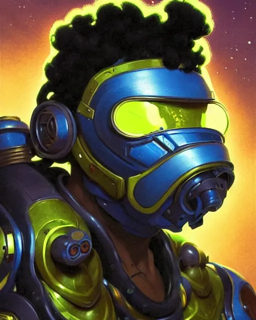 Image similar to lucio from overwatch, character portrait, portrait, close up, concept art, intricate details, highly detailed, vintage sci - fi poster, retro future, in the style of chris foss, rodger dean, moebius, michael whelan, and gustave dore