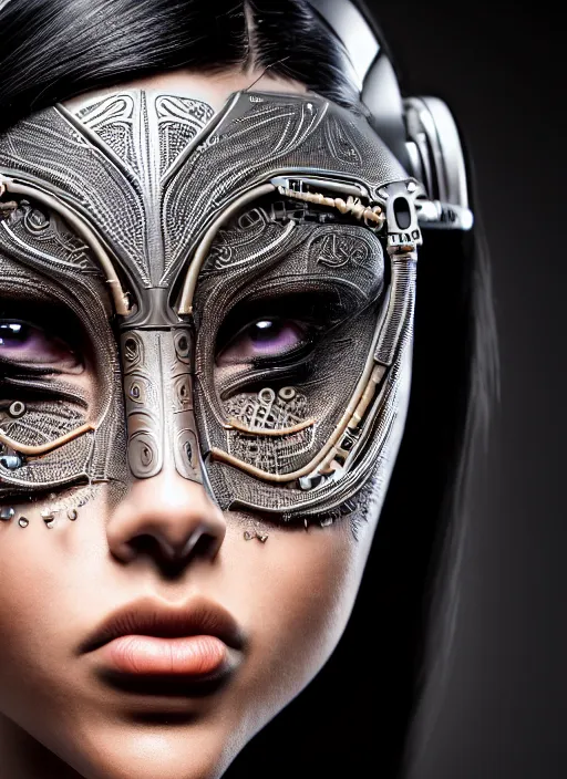 Image similar to a stunning young female cyborg profile face, face is made intricate tribal bio - mechanical, unreal engine, glamor shot, nikon d 7 5 0, closeup, f / 2. 8, low contrast, 1 6 k, rim lighting, optical fiber, cinematic lighting, insanely detailed and intricate, hypermaximalist, elegant, ornate, hyper realistic,