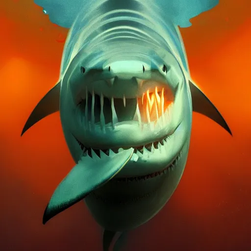 Image similar to great white shark, traffic cones as fins, underwater background detailed atmospheric - ron cheng & alphonse mucha, highly detailed, digital painting, ray tracing, concept art, illustration, smooth sharp focus, intricate, symmetry, artstation,