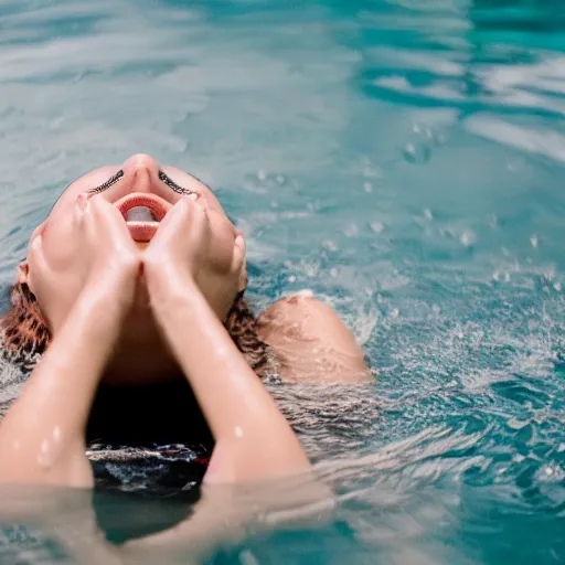 Image similar to a woman's face underneath the water, serene emotion, film grain