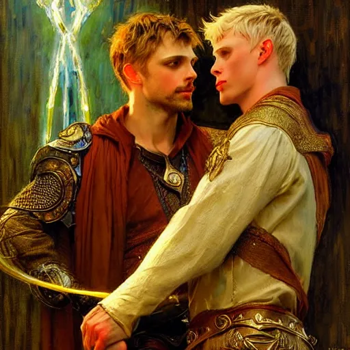 Image similar to stunning arthur pendragon in love with stunning male merlin the mage. they are close to each other, touching, looking. highly detailed painting by gaston bussiere, craig mullins, j. c. leyendecker