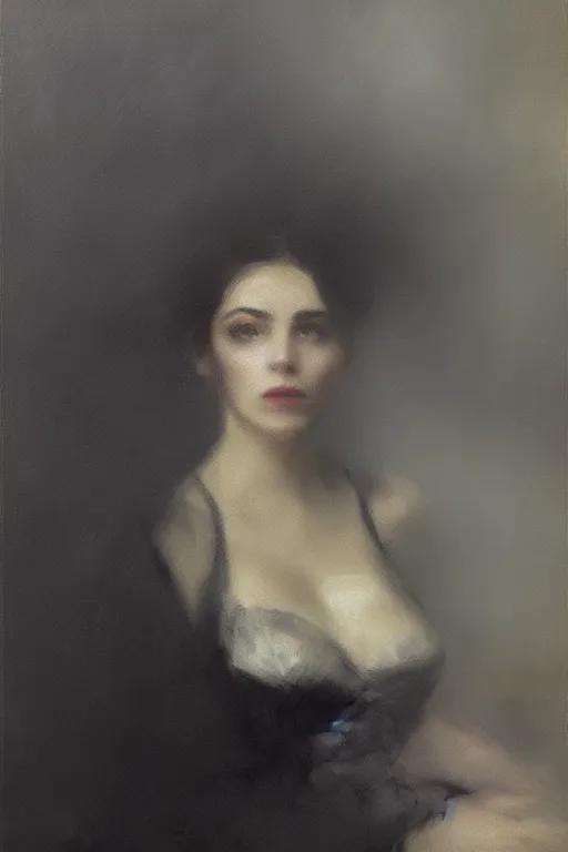 Image similar to detailed cinematic moody colors studio portrait of a victorian lady with a sensual pose with a blurred face high quality by jeremy mann, only one head single portrait