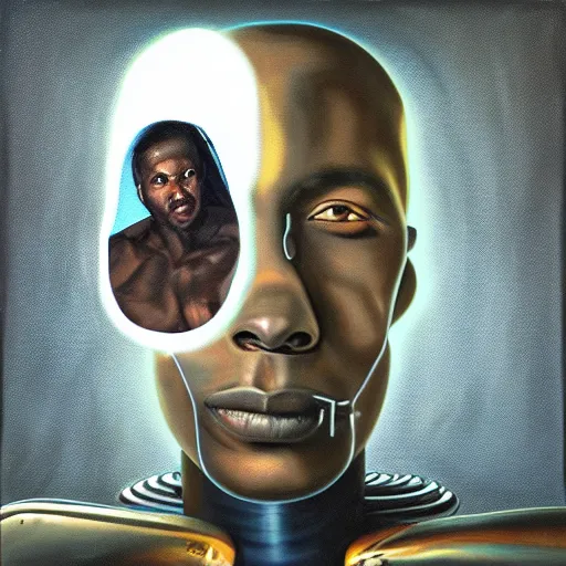 Image similar to a realistic oil painting of a black man as a cybernetic cyborg, surrealism portrait, surrealism album cover