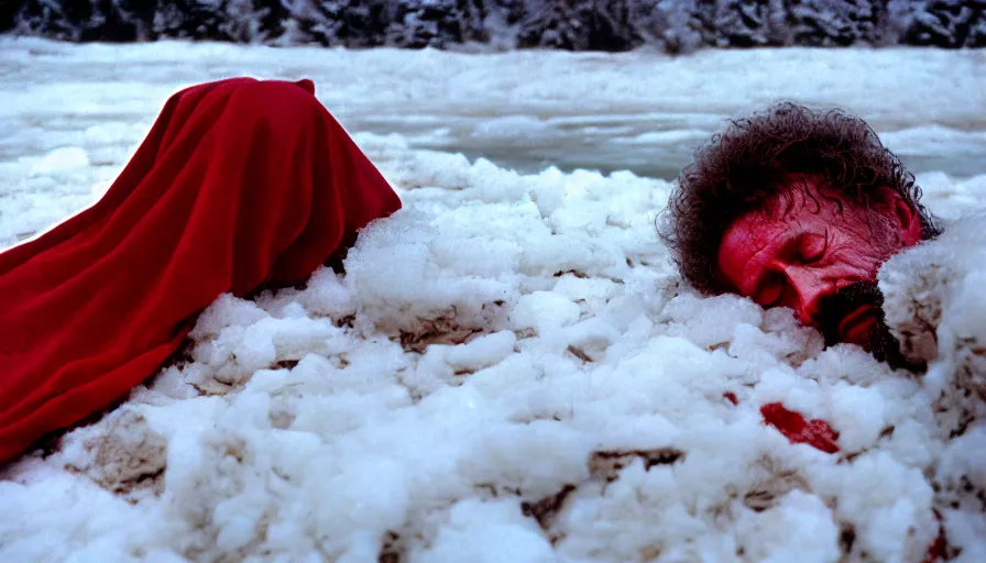 Prompt: 1 9 6 0 s movie still close up of marcus aurelius tired in a red toga frozen to death under the snow by the side of a river with gravel, pine forests, cinestill 8 0 0 t 3 5 mm, high quality, heavy grain, high detail, texture, dramatic light, anamorphic, hyperrealistic, detailed hair, foggy