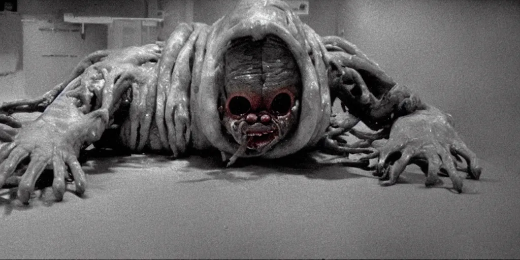 Image similar to filmic extreme wide shot dutch angle movie still 35mm film color photograph of a mutated shape shifting organism made of human internal organs, disgusting dissected human tissue with a variety of grotesquely strewn together human and animal limbs, in the style of a horror film The Thing 1982