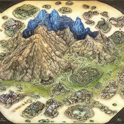 Image similar to an isometric fantasy map, the land of Odrua, continent with mountains lakes hills and cities, by brian froud by jrr tolkien