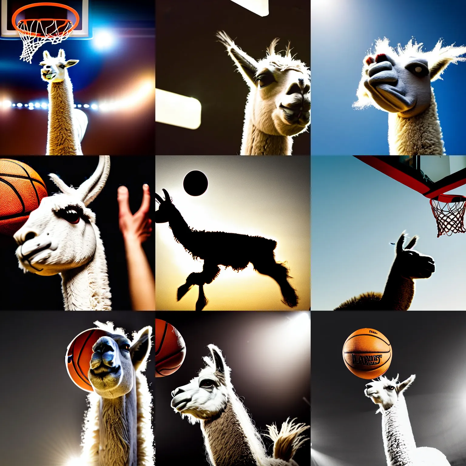 Prompt: dramatic film still of a llama wearing a jersey dunking a basketball, low angle, shot from below, tilted frame, 3 5 °, dutch angle, extreme long shot, indoors, dramatic backlighting, high detail.