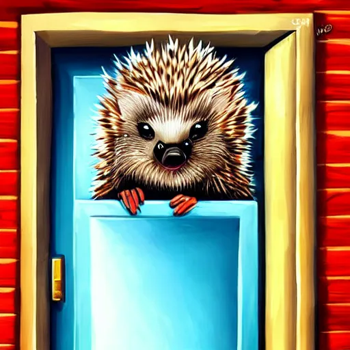 Image similar to cute adorable hedgehog opening the door, shy hedgehog, blushing, waving, smiling, cute, hedgehog, by cyril rolando