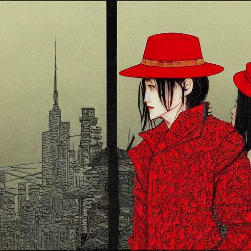 Image similar to a highly detailed epic cinematic concept art, cyberpunk, a thin man in a black coat and bowler hat talks with small young girl who is dressed in a red coat and a red hat, park, autumn, art by Takato Yamamoto and James Jean, high detail, width 768
