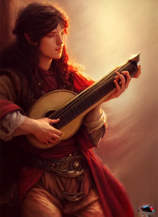 Image similar to bard playing lute, full body, hyper realistic, extremely detailed, dnd character art portrait, dark fantasy art, intricate fantasy painting, dramatic lighting, vivid colors, deviantart, artstation, by clyde caldwell and krenz cushart and artem demura and john williams waterhouse