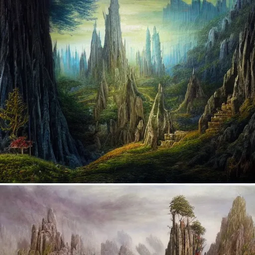 Image similar to a beautiful and highly detailed oil painting of an elven temple deep in the misty mountains, secret valley, tall spires, beautiful trees, ancient runes, intricate details, epic scale, insanely complex, 8 k, sharp focus, hyper realism, fantasy landscape, psychedelic, by caspar friedrich and brian froud,