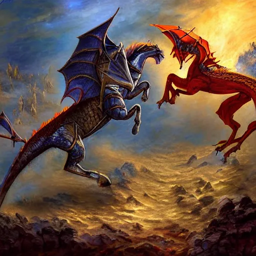 Image similar to battle between a knight and a dragon, epic fight, dragon, knight on a horse, medieval knight, fantasy painting, digital art