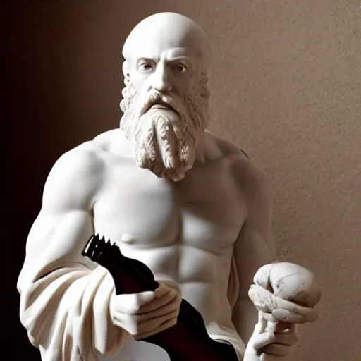 Image similar to epic greek marble statue of a bald man with a long beard playing a marble guitar, photo, chiaroscuro