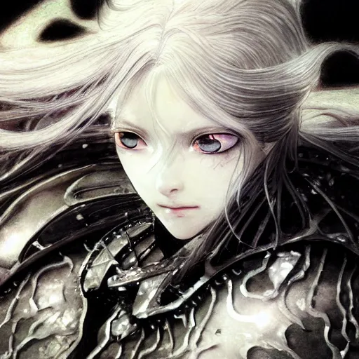 Image similar to Yoshitaka Amano realistic illustration of an anime girl with wavy white hair and cracks on her face wearing Elden ring armour with the cape fluttering in the wind, abstract black and white patterns on the background, noisy film grain effect, highly detailed, Renaissance oil painting, weird portrait angle