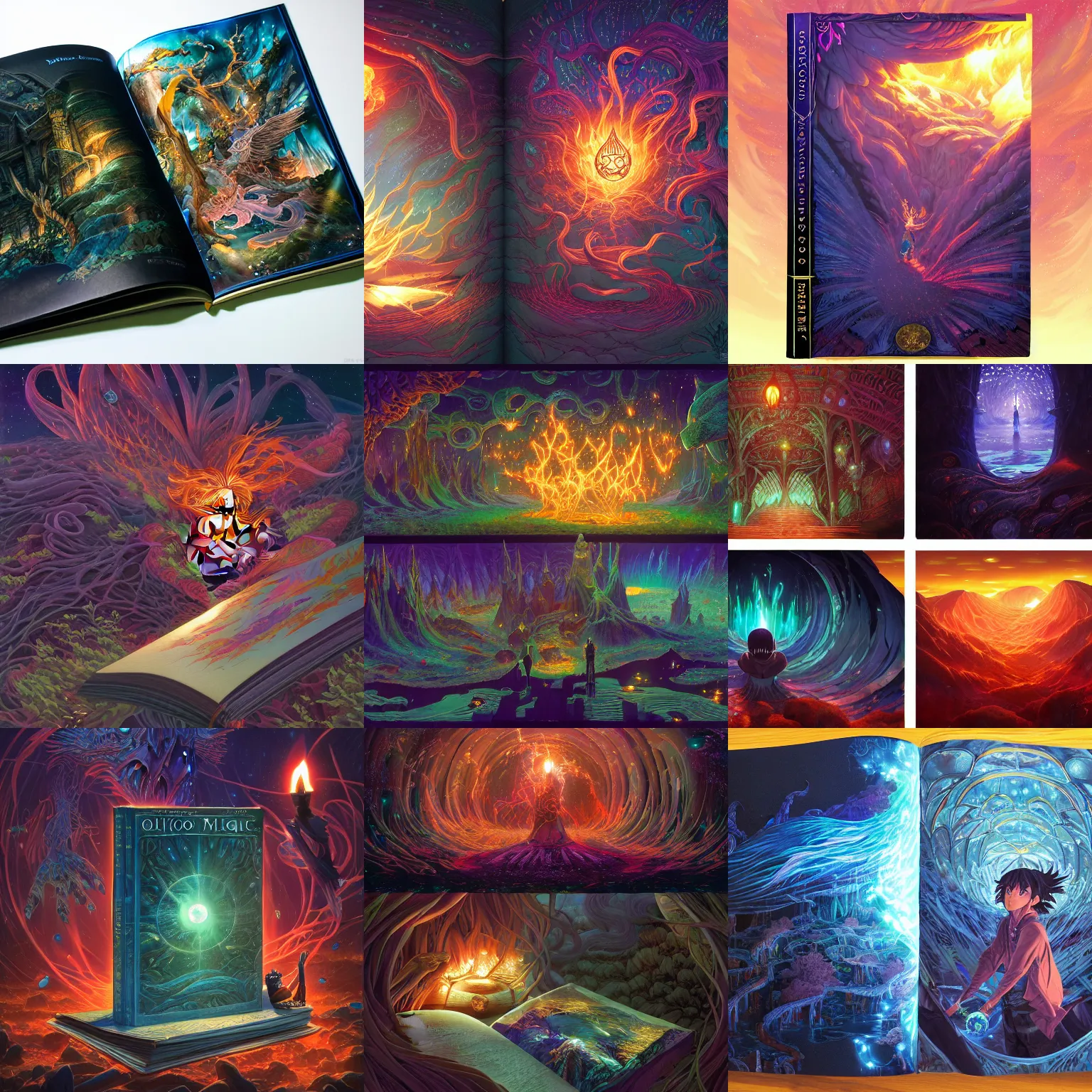 Prompt: highly detailed opened fantasy magic book with spell and color illustrations by makoto shinkai, energy, fluid darkness, particles, torch light, by oliver vernon, by joseph moncada, by damon soule, by manabu ikeda, by kyle hotz, by dan mumford, by otomo, 4 k resolution