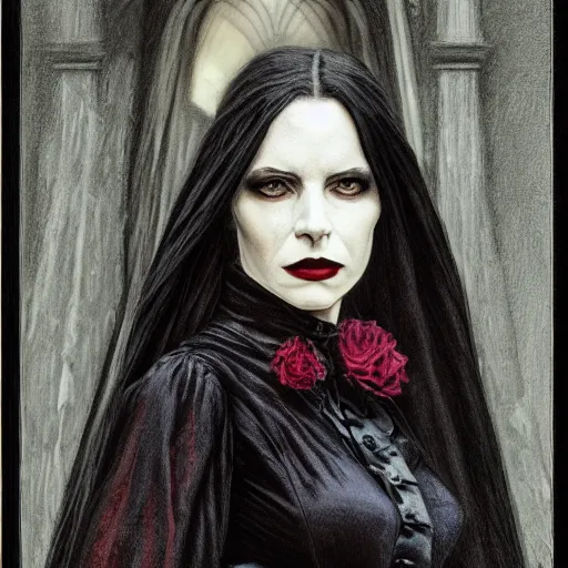 Prompt: portrait of a lady vampire, 35mm, victorian, depth of field, ominous, sharp, highly detailed, photorealistic, realistic, unreal 5, high definition, 8k, deviantart, donato giancola, irwin penn