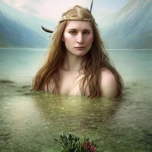 Image similar to epic portrait a female viking swimming in a steamy green lake full of flowers, beauty, pretty face, glossy skin, digital painting, artstation, concept art, soft light, hdri, smooth, sharp focus, illustration, fantasy, intricate, elegant, highly detailed, D&D, matte painting, in the style of Greg Rutkowski and Alphonse Mucha and artemisia, 8k, highly detailed, jurgens, rutkowski, bouguereau, pastoral, rustic, georgic