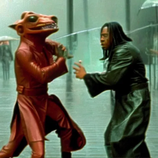 Image similar to the iconic matrix fight between neo and jar jar binks in the rain