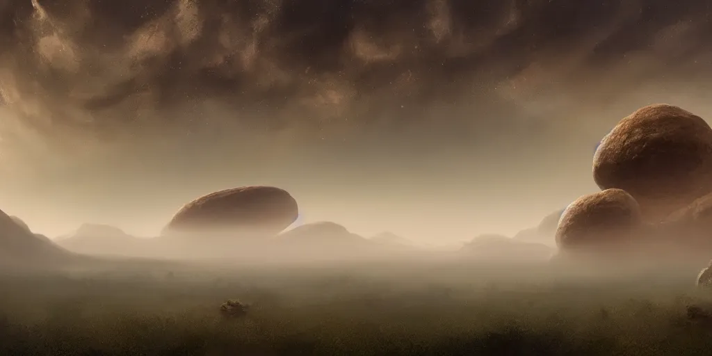 Prompt: A landscape of an alien planet stretching as far as the eye can see, with misty rolling hills on bizarre floating rock formations, vigorous misty mountains, and rainy thunderclouds, raining, landscape photography, landscape imagery, landscape perspective, trending on artstation, artstationHD, artstationHQ, 4k, 8k.