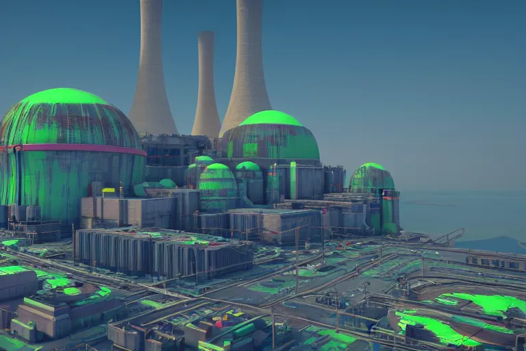 Image similar to nuclear power plant, colorful, sci-fi, utopia, octane render, substance painter, zbrush. Trending on artstation. 8K. Highly detailed.