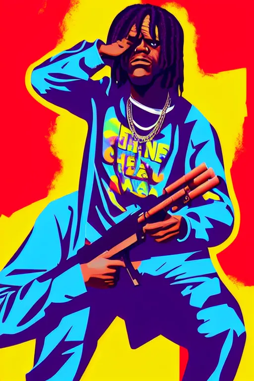 Image similar to chief keef with riffle, gta vice city style art, pop art, no duplicate image, glowing lights, ultra details, ultra realistic, digital painting, artstation, concept art, smooth, sharp focus, illustration, intecrate details, art by richard hamilton and mimmo rottela, pixels art by kirokaze and paul robertson