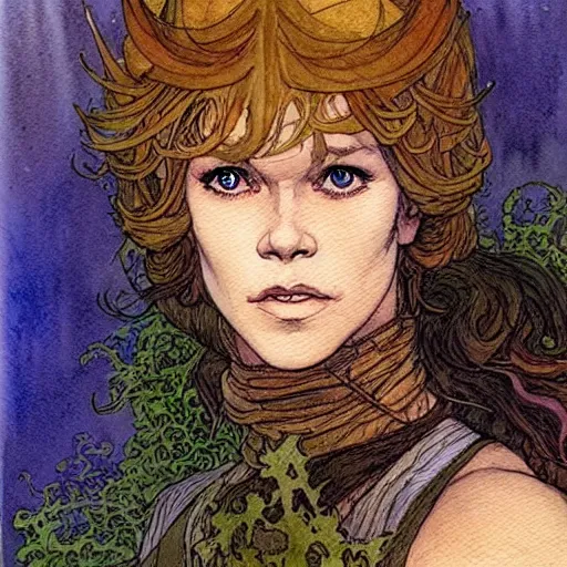 Image similar to a realistic and atmospheric watercolour fantasy character concept art portrait of a young jane fonda in her 2 0 s as a druidic warrior wizard looking at the camera with an intelligent gaze by rebecca guay, michael kaluta, charles vess and jean moebius giraud