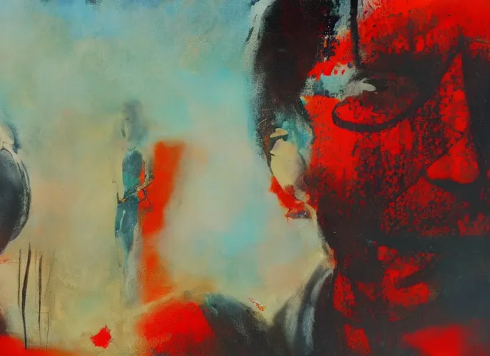 Prompt: an oil painting in the style of adrian ghenie and enki bilal : : a still from a movie by david lynch, harmony korine and kenneth anger, 4 k