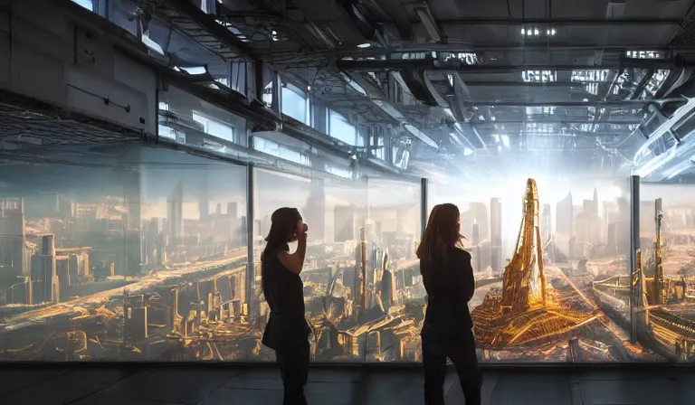 Image similar to group of people in simple warehouse, looking at hologram of futuristic city on a table, cinematic concept art, godrays, golden hour, natural sunlight, 4 k, clear details, tabletop model buildings, center model buildings, hologram center, crane shot, crane shot, crane shot