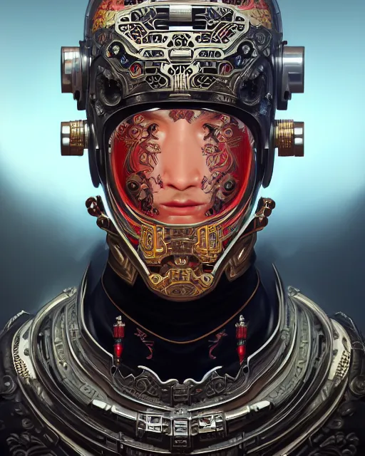 Image similar to portrait of a masculine male cyberpunk machine, machine face, upper half portrait, decorated with chinese opera motifs, asian, fine china, wuxia, traditional chinese art, intricate, elegant, highly detailed, symmetry, headpiece, digital painting, artstation concept art smooth sharp focus, illustration, art by artgerm and greg rutkowski alphonse mucha 8 k