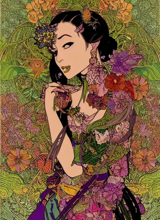 Image similar to !!! very coherent!!! beautiful floralpunk balinese cyborg portrait girl female illustration detailed patterns art of bali traditional dress, flower pop art, floral splash painting, art by geof darrow, ashley wood, alphonse mucha, makoto shinkai, dark shadow, colorful high contrast