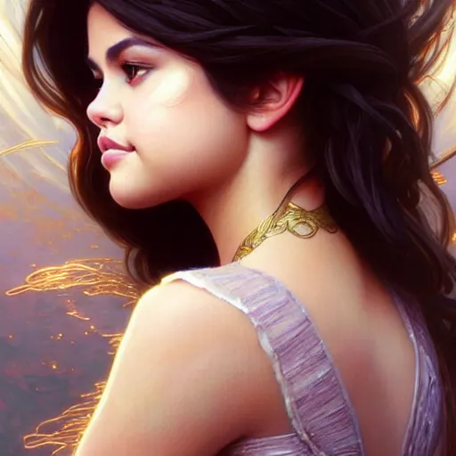 Prompt: beautiful portrait of selena gomez, natural beauty expressive pose, fantasy, intricate, elegant, highly detailed, digital painting, artstation, concept art, smooth, sharp focus, illustration, art by artgerm and greg rutkowski and alphonse mucha