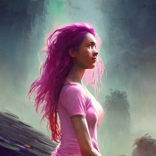 Image similar to an beautiful female survivor wearing a pink shirt, goddess, wet flowing hair, blurry backround, artstation, matte painting, made by greg rutkowski, concept art, epic portrait, 8 k, insanely detailed,