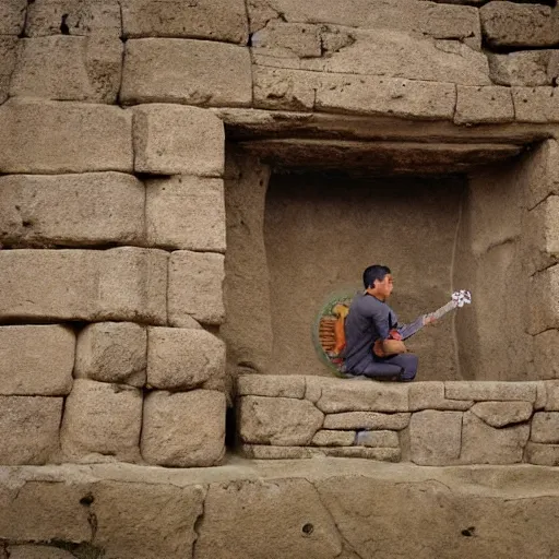 Image similar to a photograph of an ancient ruin monument depicting a man playing a synthesizer, maya, inka, aztec