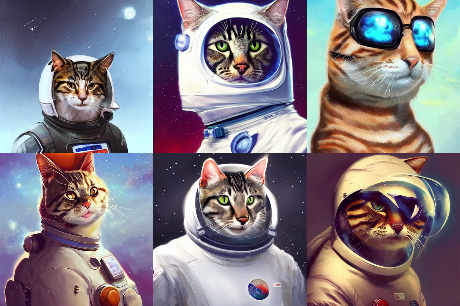 Image similar to head and shoulders masterpiece portrait of a cat wearing a spacesuit, surreal background, digital art by Krenz Cushart, trending on artstation, cgsociety,