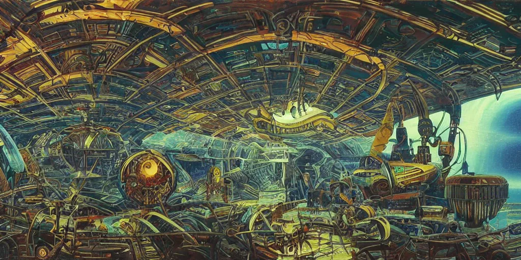 Image similar to wide shot, interior of an alien spaceship, futuristic, surrealism, sci - fi, heavy machinery, humanoids working, neon tubes crepuscular rays, ray tracing, by patrick woodroffe and mike worrall