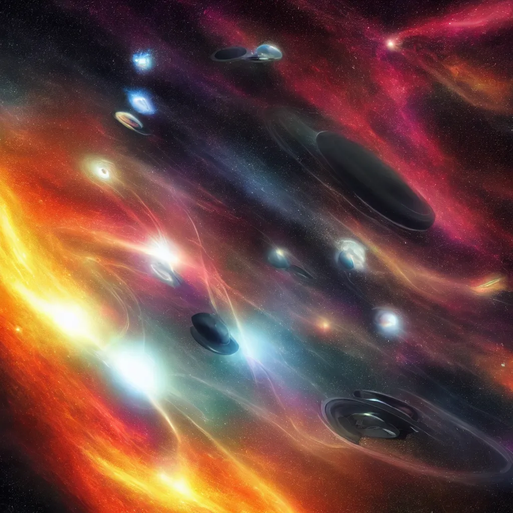 Image similar to galactic space fleet flying into a black hole 8 k resolution