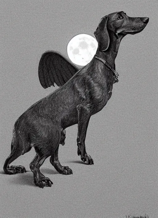 Prompt: a dachshund with angle wings, dark colors, moon in the background, sinister atmosphere, dramatic lighting, cinematic, establishing shot, extremely high detail, photo realistic, cinematic lighting, pen and ink, intricate line drawings, by Yoshitaka Amano, Ruan Jia, Kentaro Miura, Artgerm, post processed, concept art, artstation, matte painting, style by eddie mendoza, raphael lacoste, alex ross