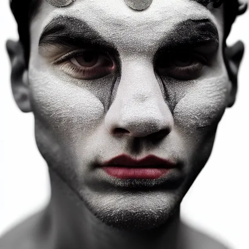 Image similar to a close up portrait of a beautiful athletic young persian male with his face covered in silver leaf , photographed by erwin olaf, artistic