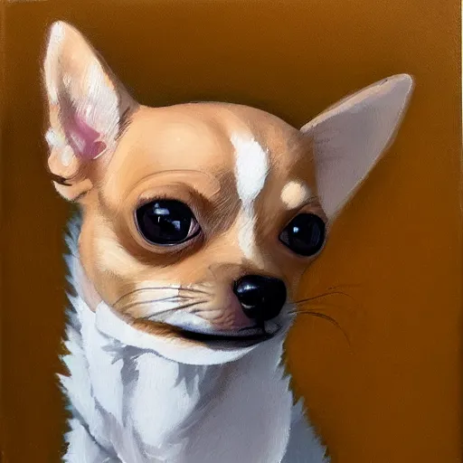 Prompt: a honey colored chihuahua puppy looking at his reflection in the mirror from the front, oil painting