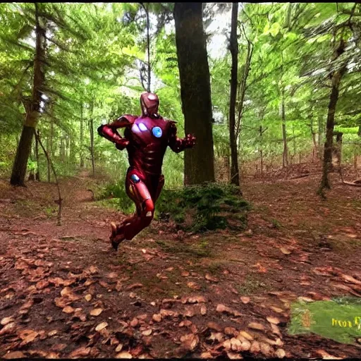 Image similar to trailcam footage of iron man running in the forest