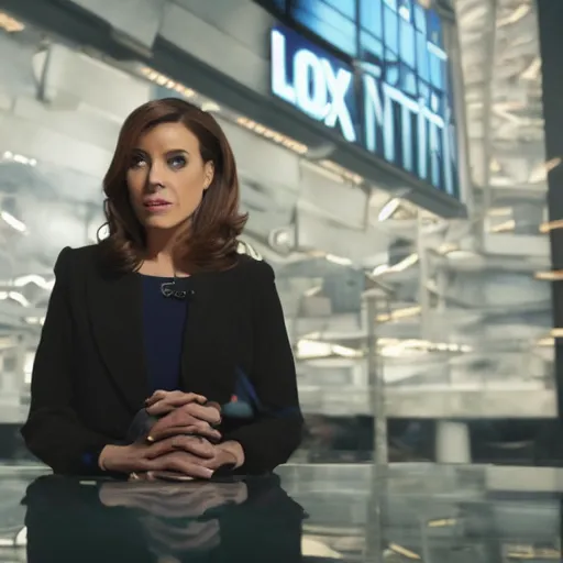 Image similar to cinematic movie still of a fox news anchorwoman reporting from mordor, lord of the rings movie, by daniella zalcman, directed by peter jackson, highly detailed, canon eos r 3, f / 1. 4, iso 2 0 0, 1 / 1 6 0 s, 8 k, raw, symmetrical balance