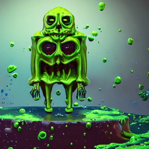 Image similar to slime lord king of the slime universe, skeleton, full body included, wide shot, 1 4 mm lens, f 2. 8, goopy, goop, fluids, soft tissue, subsurface scattering, reflections, ambient occlusion, raytracing, unreal engine 5, pixel art 8 - bit, by beeple